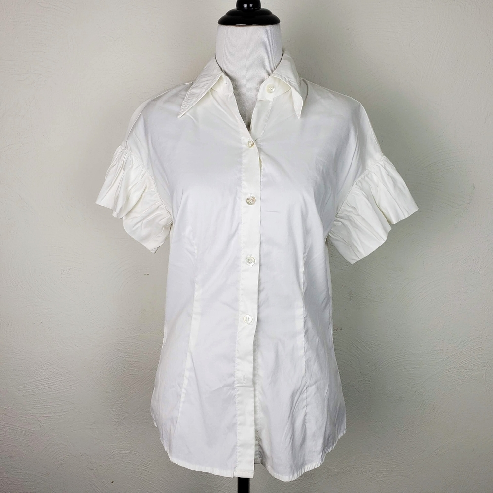 Trina Turk Top Shirt Ruffle Button Down Ivory Preppy Spring Summer Neutral White